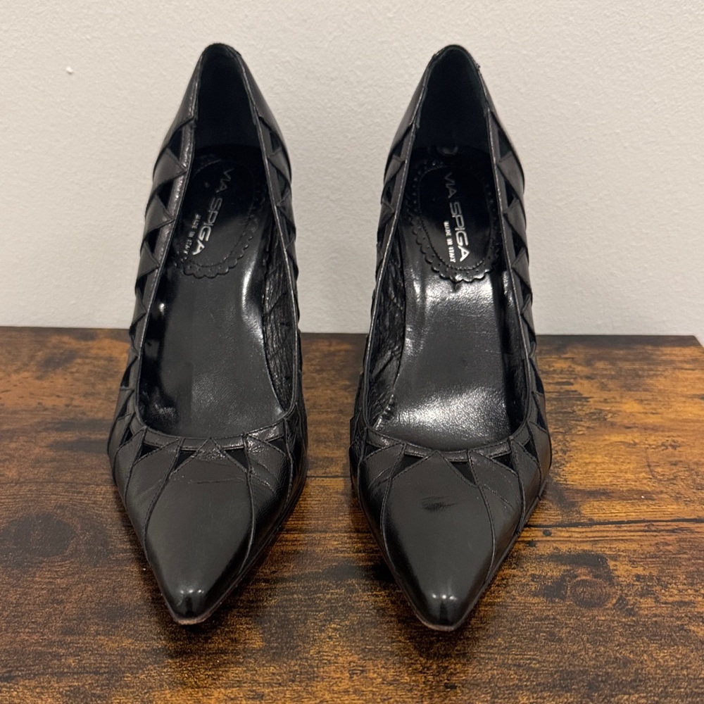 Via Spiga Black Woven-Trim Pointed Toe Pumps Made in Italy